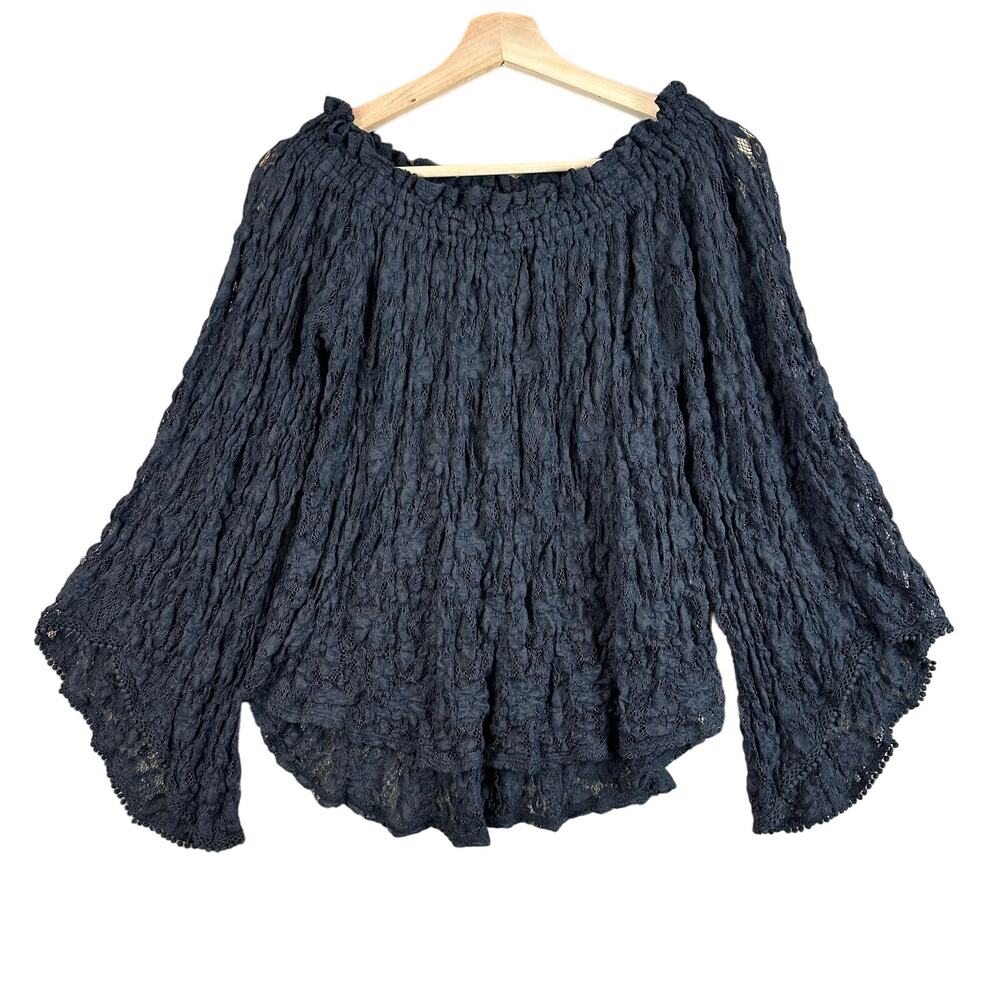 Abercrombie & Fitch Black Lace Top Blouse M Flare Bell Sleeve Smocked